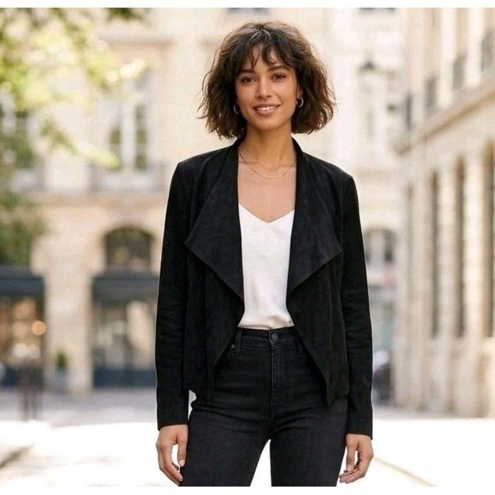 Velvet by Graham & Spencer Faux Suede Jacket Black Drape Open Front Small